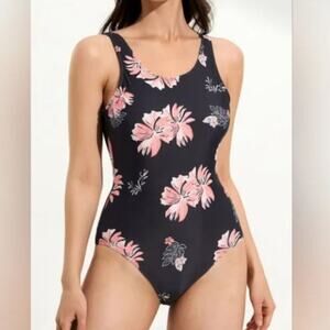 Walkonbeach Black & Pink Floral Scoop Back Crossover One Piece Swimsuit Size XXL